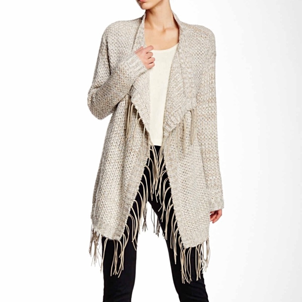 Faux Suede Fringed Wrap Sweater in Camel Combo